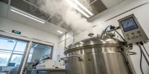 Laboratory autoclave sterilization equipment releasing steam inside a clean scientific lab environment.