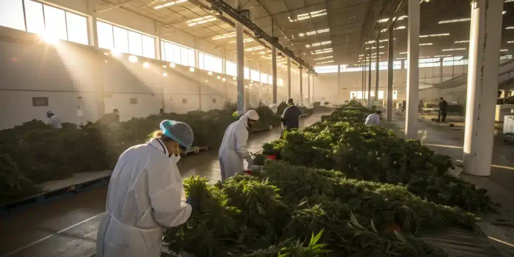 Workers processing freshly harvested cannabis plants inside a large industrial facility.