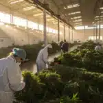 Workers processing freshly harvested cannabis plants inside a large industrial facility.