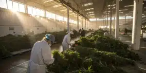 Workers processing freshly harvested cannabis plants inside a large industrial facility.