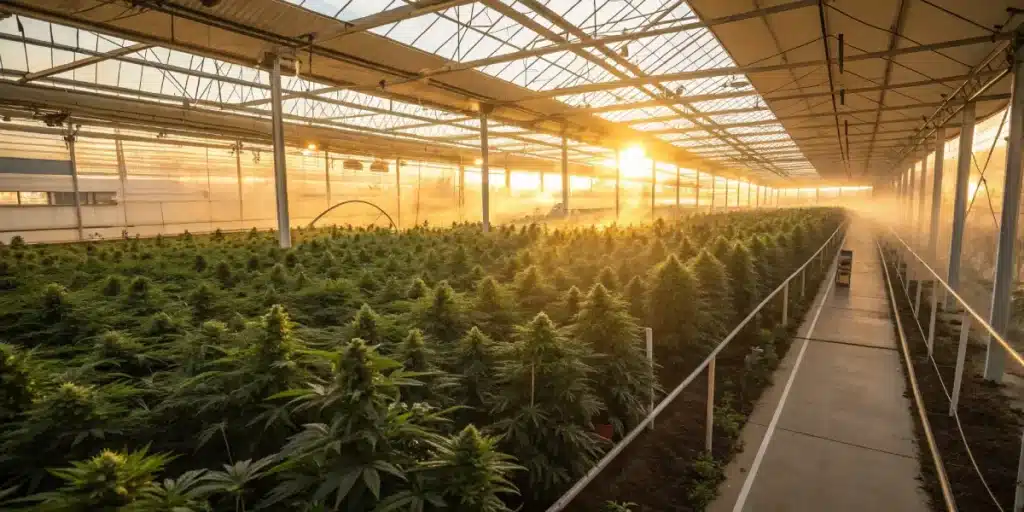 Large greenhouse cannabis cultivation with long rows of flowering cannabis plants under warm sunset light.