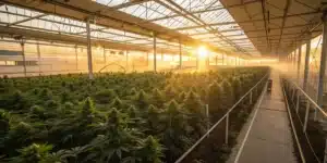 Large greenhouse cannabis cultivation with long rows of flowering cannabis plants under warm sunset light.