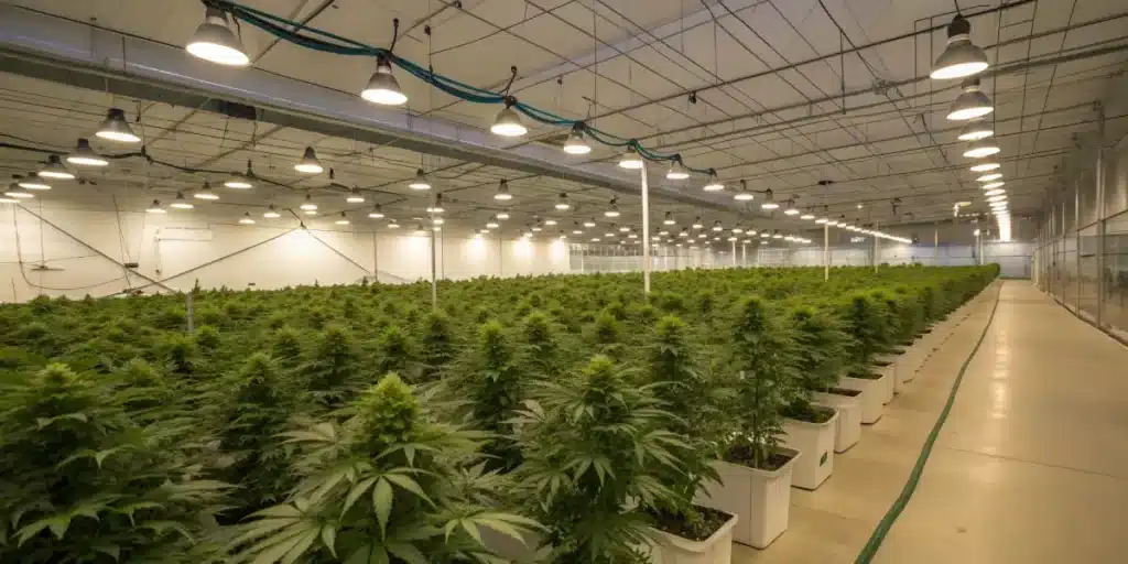 Large indoor cannabis cultivation facility with rows of potted cannabis plants under bright industrial grow lights.