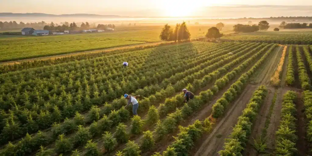 Large outdoor cannabis farm sunrise with workers tending long rows of cannabis plants across a rural landscape.