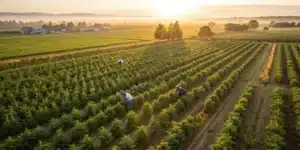 Large outdoor cannabis farm sunrise with workers tending long rows of cannabis plants across a rural landscape.