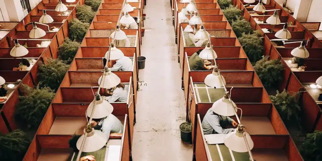 Large cannabis trimming room with workers in individual cubicles processing plants.