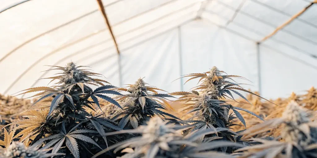 Mature cannabis plants growing inside a polytunnel greenhouse during flowering