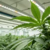 Modern indoor cannabis grow LED lighting illuminating healthy cannabis plant leaves in a controlled cultivation room.