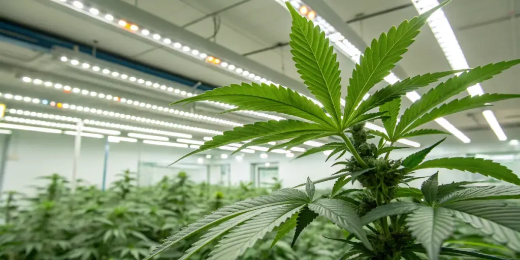 Modern indoor cannabis grow LED lighting illuminating healthy cannabis plant leaves in a controlled cultivation room.