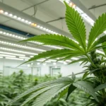 Modern indoor cannabis grow LED lighting illuminating healthy cannabis plant leaves in a controlled cultivation room.