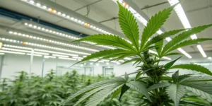 Modern indoor cannabis grow LED lighting illuminating healthy cannabis plant leaves in a controlled cultivation room.