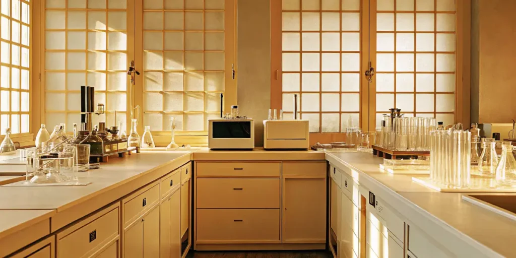 Modern laboratory with glassware, analytical equipment and organized workstations.