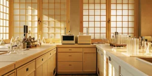 Modern laboratory with glassware, analytical equipment and organized workstations.
