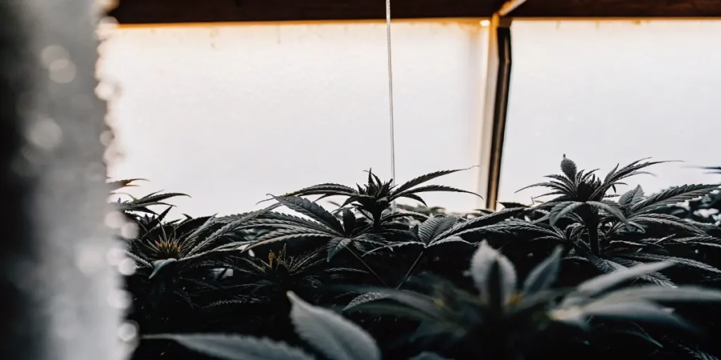 Close-up of mold developing on cannabis plants inside a humid indoor grow room with condensation on the walls