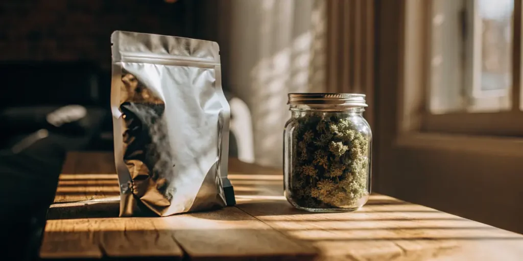 Mylar bag and glass jar filled with cannabis buds on wooden table in sunlight.