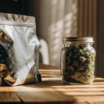 Mylar bag and glass jar filled with cannabis buds on wooden table in sunlight.