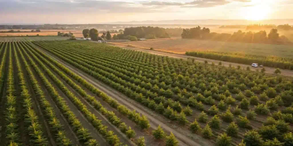 Outdoor cannabis farm aerial view with large cultivation fields organized in rows during sunset.