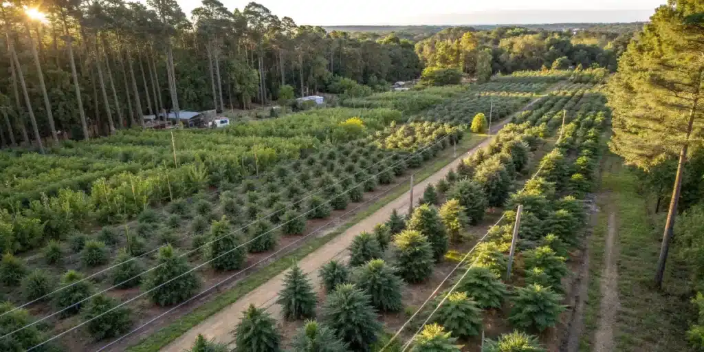 Outdoor cannabis farm aerial view with organized rows of cannabis plants growing in a forested rural landscape.