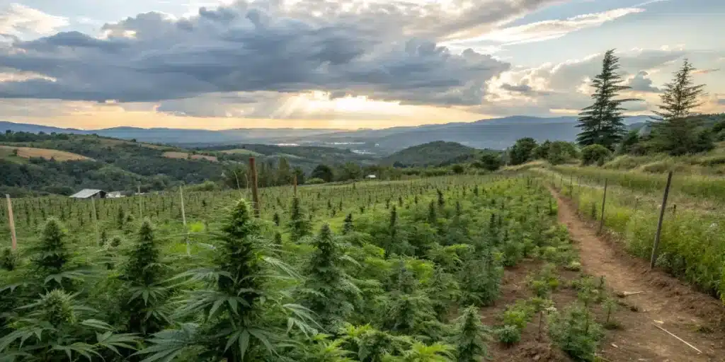 Outdoor cannabis farm mountain landscape with rows of plants growing across a hillside under dramatic cloudy skies.