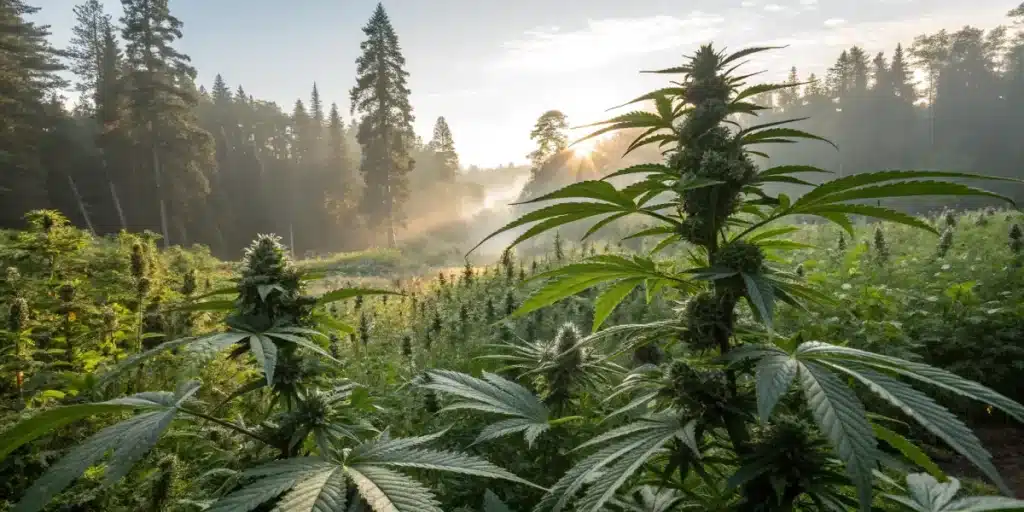 Outdoor cannabis field mountain forest with flowering cannabis plants growing in a misty landscape at sunrise.