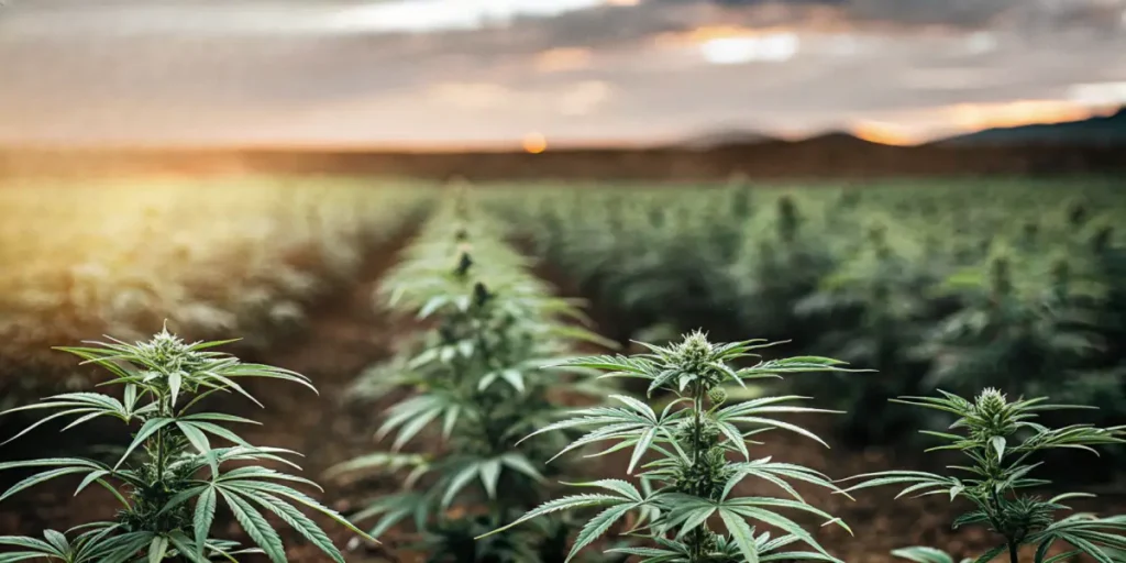 Outdoor cannabis plants growing in rows during sunset in a large field.