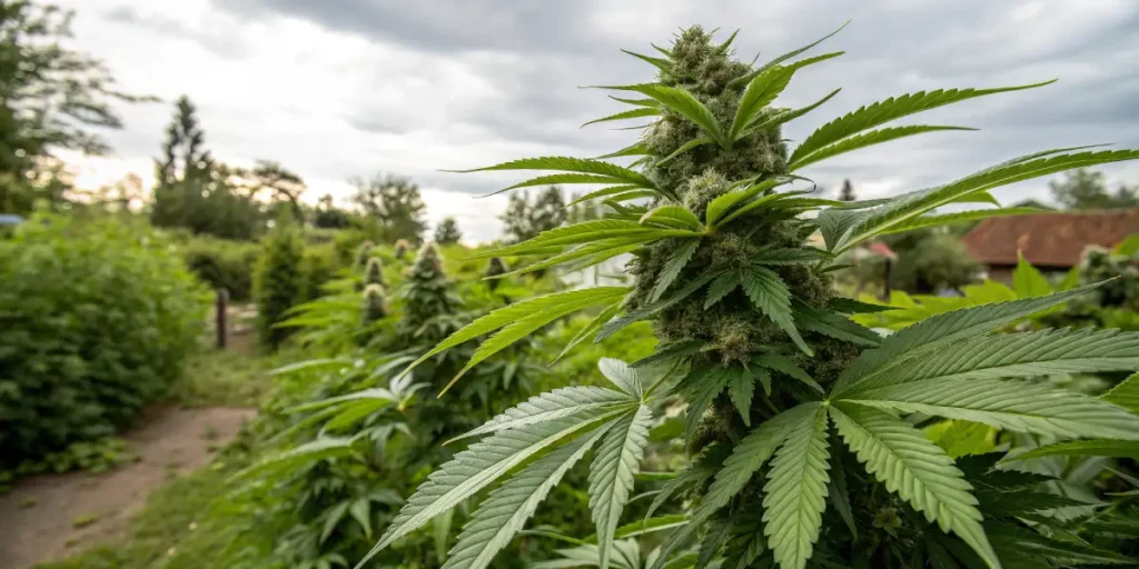 Outdoor cannabis plant flowering stage with a tall plant producing dense buds in a natural garden environment under cloudy skies.