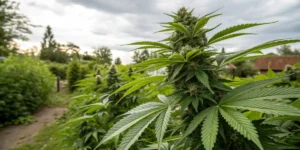Outdoor cannabis plant flowering stage with a tall plant producing dense buds in a natural garden environment under cloudy skies.
