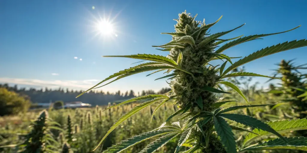 Outdoor cannabis plant sunlight flowering with mature bud growing under bright natural sun in a field.