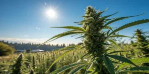 Outdoor cannabis plant sunlight flowering with mature bud growing under bright natural sun in a field.