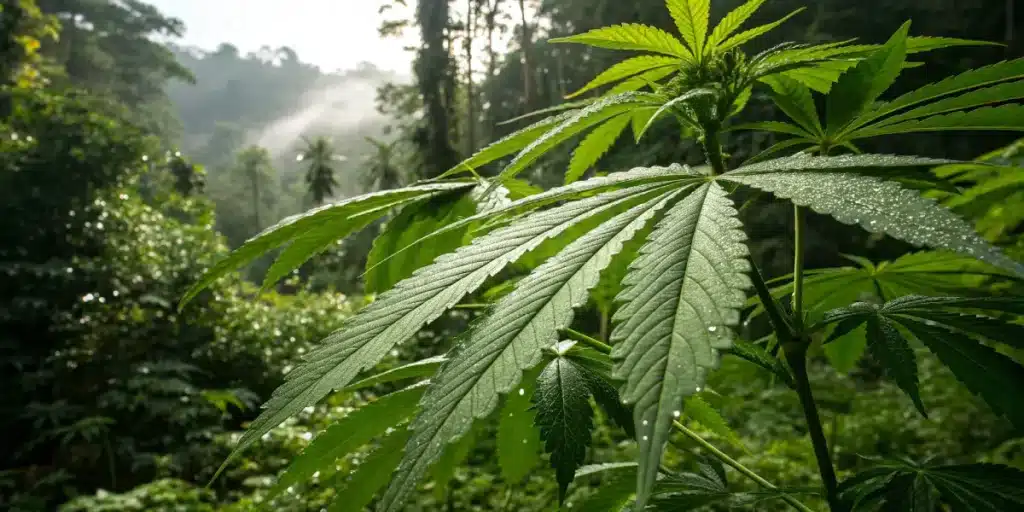 Outdoor cannabis plant tropical environment with large green leaves covered in morning dew in a lush jungle landscape.