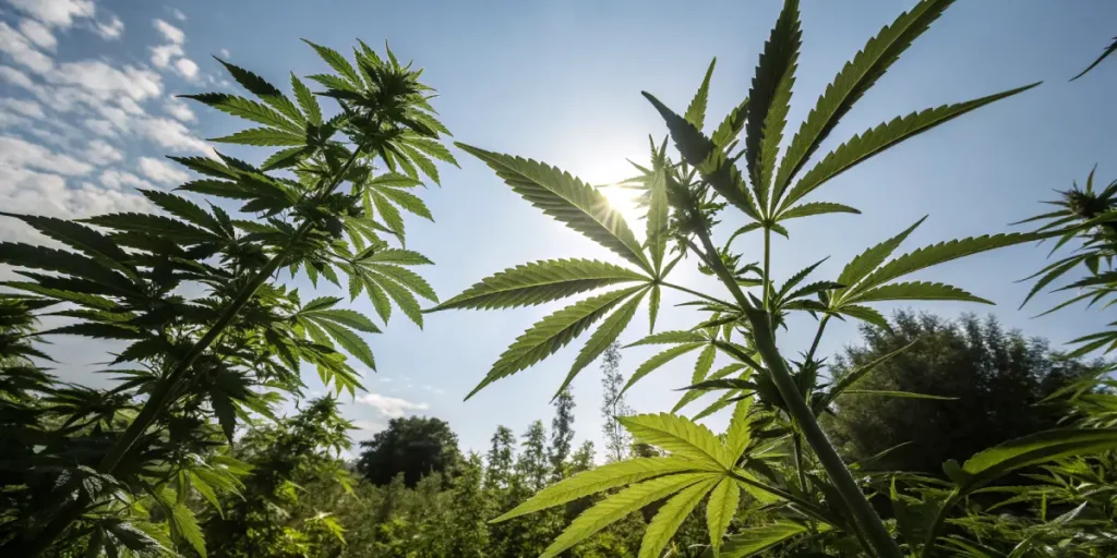Outdoor cannabis plants sunlight growth with tall plants receiving direct sunlight in a natural environment.