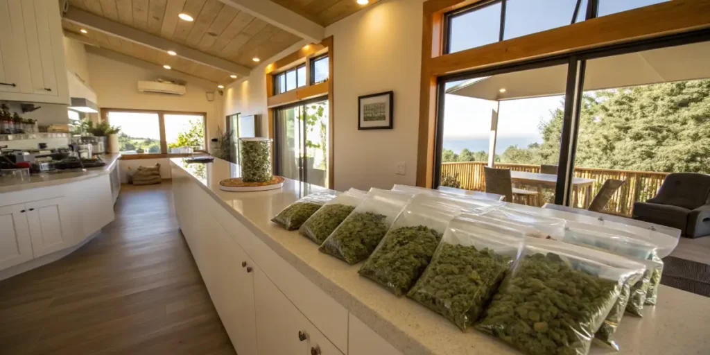 Packaged cannabis buds home storage with multiple sealed bags of cannabis arranged on a kitchen countertop.