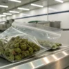 Packaged cannabis buds industrial processing with sealed plastic bags filled with trimmed cannabis on a stainless steel production line.