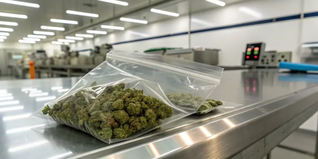Packaged cannabis buds industrial processing with sealed plastic bags filled with trimmed cannabis on a stainless steel production line.
