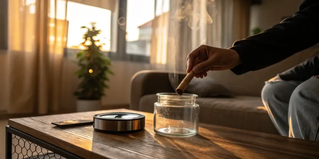 Hand placing cannabis pre-roll into glass jar on wooden table at home.