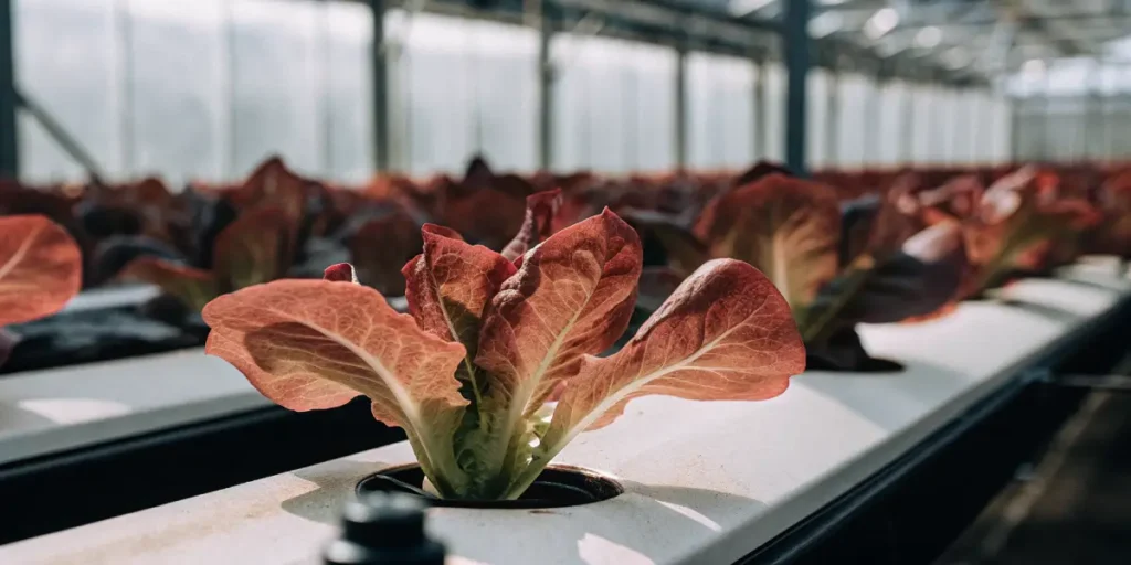 Red lettuce hydroponic greenhouse system with young plants growing in nutrient channels under controlled indoor lighting.