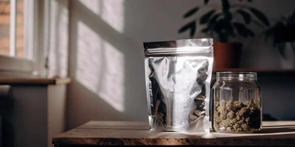 Reflective mylar bag next to glass jar with cannabis buds in indoor setting.
