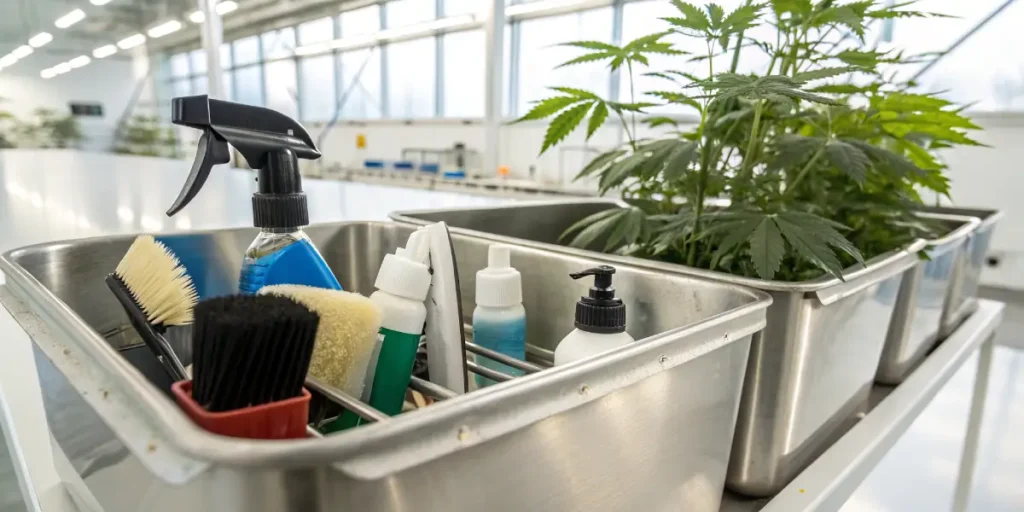 Sanitation tools indoor cannabis grow with brushes and disinfectant bottles placed beside cannabis plants in trays.