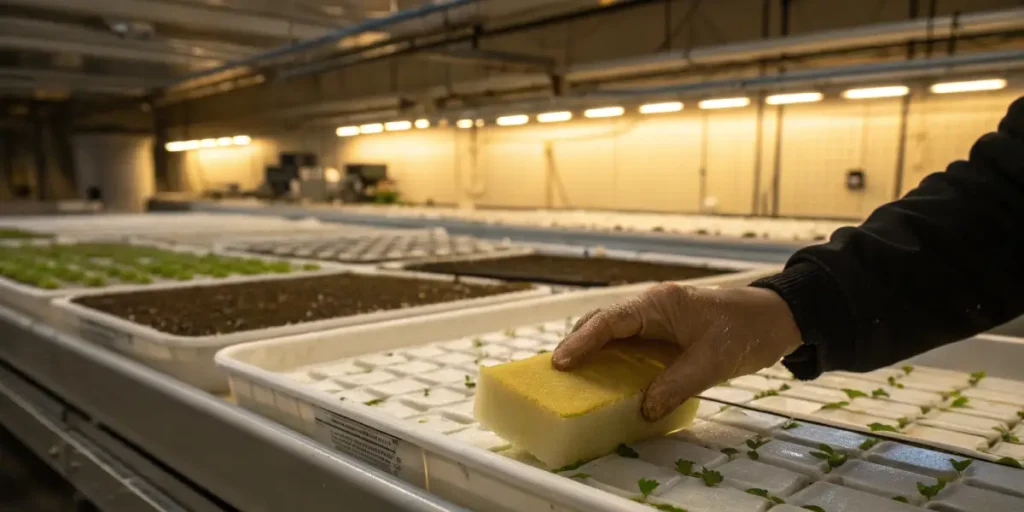 Sanitizing hydroponic seedling trays with sponge cleaning propagation trays in a large indoor grow facility.