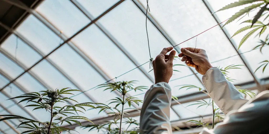 Technician installing a SCROG net above cannabis plants inside a greenhouse cultivation facility.
