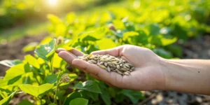 Seeds in hand organic garden planting with a person holding seeds over green plants in a sunlit outdoor garden.