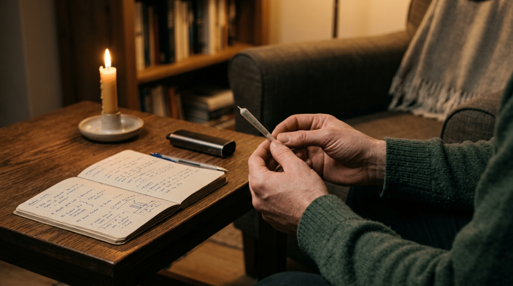 Set and setting safer cannabis use scene with a joint, notebook, pen, and candle on a quiet table.