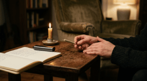 Set and setting Zinberg safer cannabis use home environment with a joint, notebook, candle, and calm indoor atmosphere.