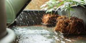 Close-up of soggy cannabis plant roots in a hydroponic system showing signs of overwatering and poor drainage.