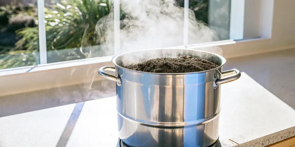 Soil sterilization boiling method using a steaming stainless steel pot filled with soil on a kitchen stove near a bright window.