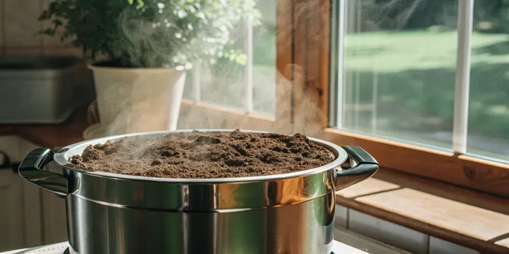 Steaming soil sterilization pot filled with moist soil releasing steam indoors near a window in natural sunlight.