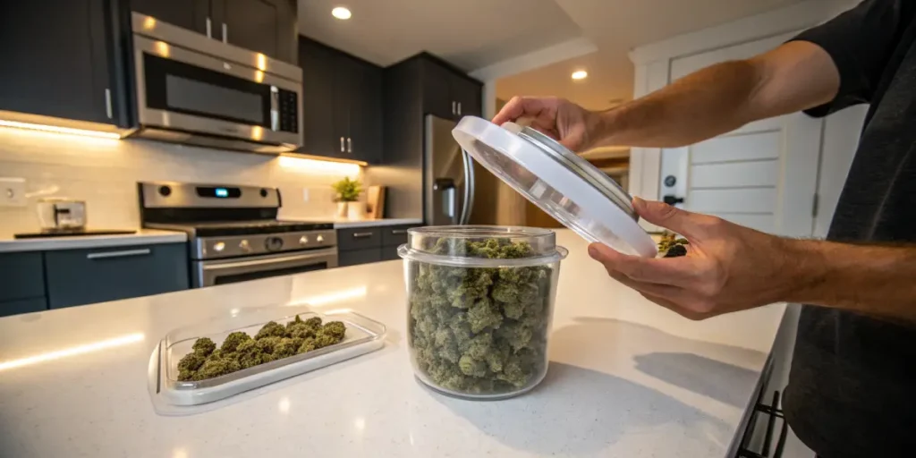 Storing cannabis buds airtight container with hands placing a lid on a jar of dried cannabis in a modern kitchen.