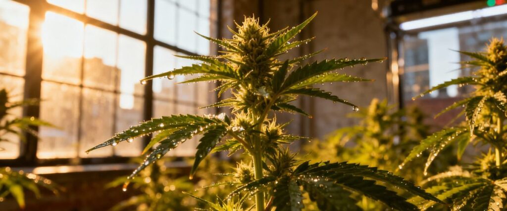 Cannabis plant glowing in golden sunlight with dewdrops on leaves.