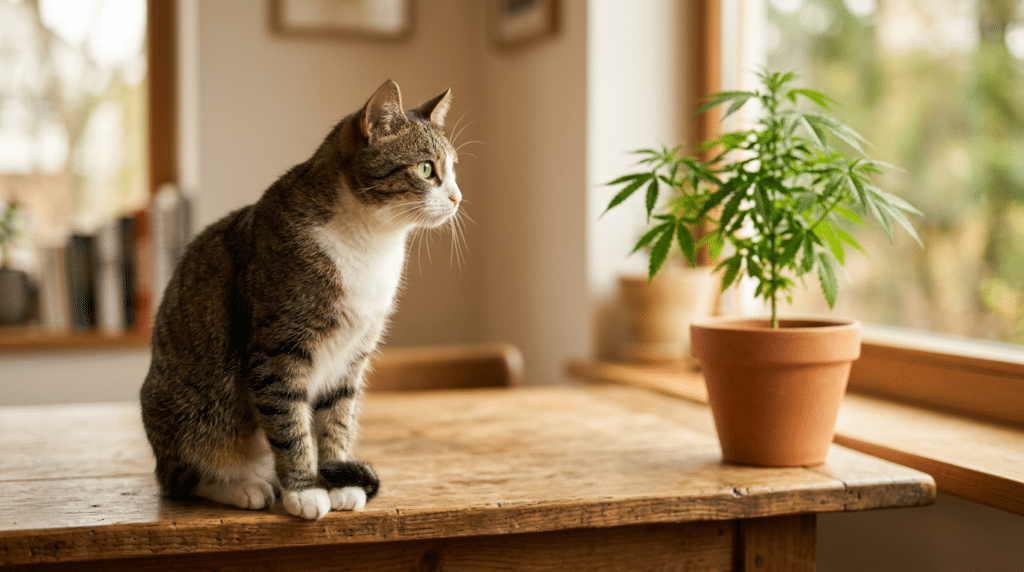 THC and cats indoor warning with a tabby cat sitting beside a potted cannabis plant near a bright window.