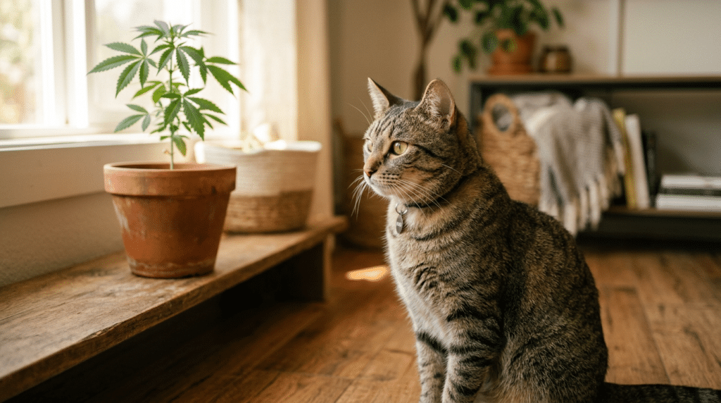 THC and cats potted cannabis plant home scene with a tabby cat watching a small marijuana plant by the window.